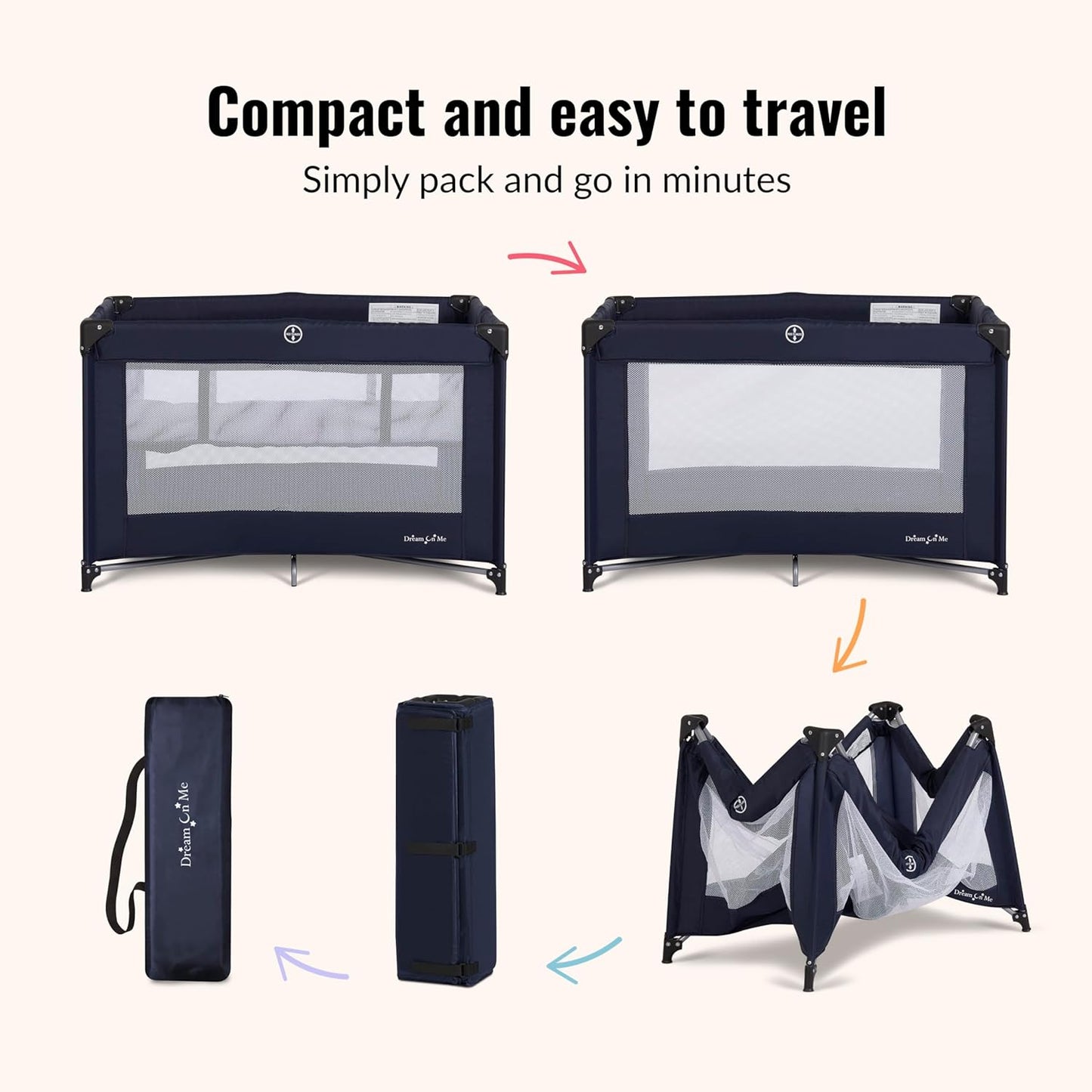 Dream On Me Zazzy Portable Playard with Bassinet in Black, Lightweight Packable and Easy Setup Baby Playard with Mattress and Travel Bag