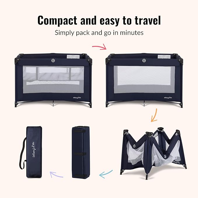 Dream On Me Zazzy Portable Playard with Bassinet - 360° Mesh Visibility, Quick Folding Travel Friendly Design, Carry Bag and Foldable Mattress Pad Included, Compact and Lightweight - Navy