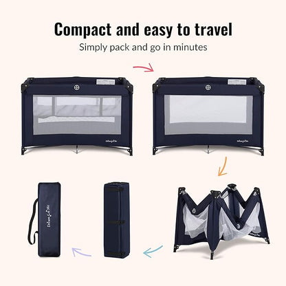 Dream On Me Zazzy Portable Playard with Bassinet - 360° Mesh Visibility, Quick Folding Travel Friendly Design, Carry Bag and Foldable Mattress Pad Included, Compact and Lightweight - Navy