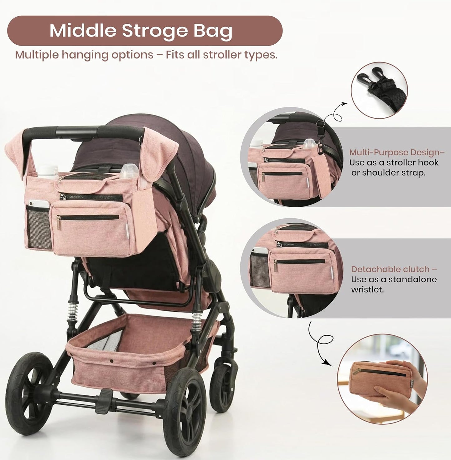Black Universal Stroller Organizer with 2 Insulated Cup Holders, 3-in-1 Stroller Caddy with Detachable Phone Bag & Non-Slip Shoulder Strap, Fits Uppababy, Nuna, Doona, Baby Essentials