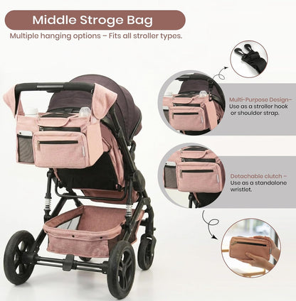 Black Universal Stroller Organizer with 2 Insulated Cup Holders, 3-in-1 Stroller Caddy with Detachable Phone Bag & Non-Slip Shoulder Strap, Fits Uppababy, Nuna, Doona, Baby Essentials