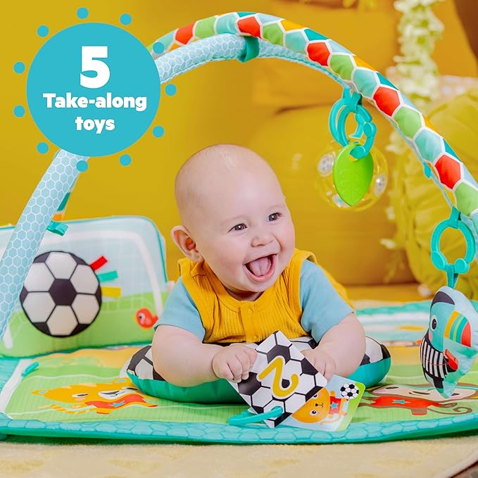 Bright Starts Grip & Kick Oball Activity Gym, Soccer Theme with Easy-Grasp Baby Toys, Baby Play Gym, Kick Pad with Activated Lights & Tummy Time Pillow, Unisex, Newborn+
