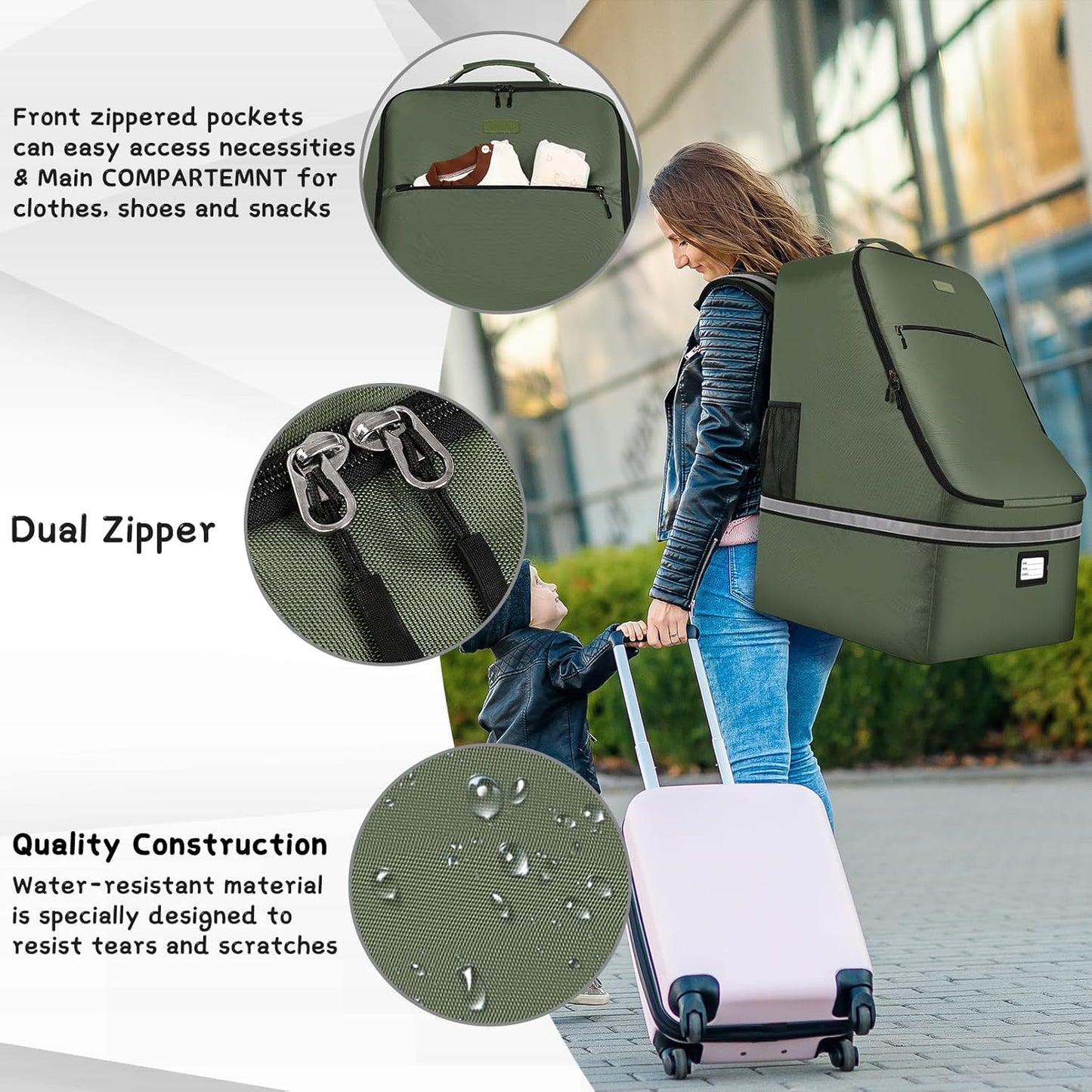 Car Seat Travel Bag,Padded Car Seats Backpack with Steel Cable Handle and Reflective Stripes, Large Durable Carseat Carrier Bag,Airport Gate Check Bag,Infant Seat Travel Bag with Shoulder Strap,Black
