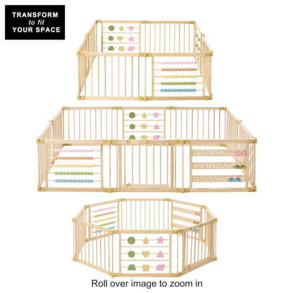 ZETY Natural Wood Baby Playpen – 8 or 10 Panel Foldable Play Yard with Door Panel and Built-in Toys, CPC Certified & SGS Tested