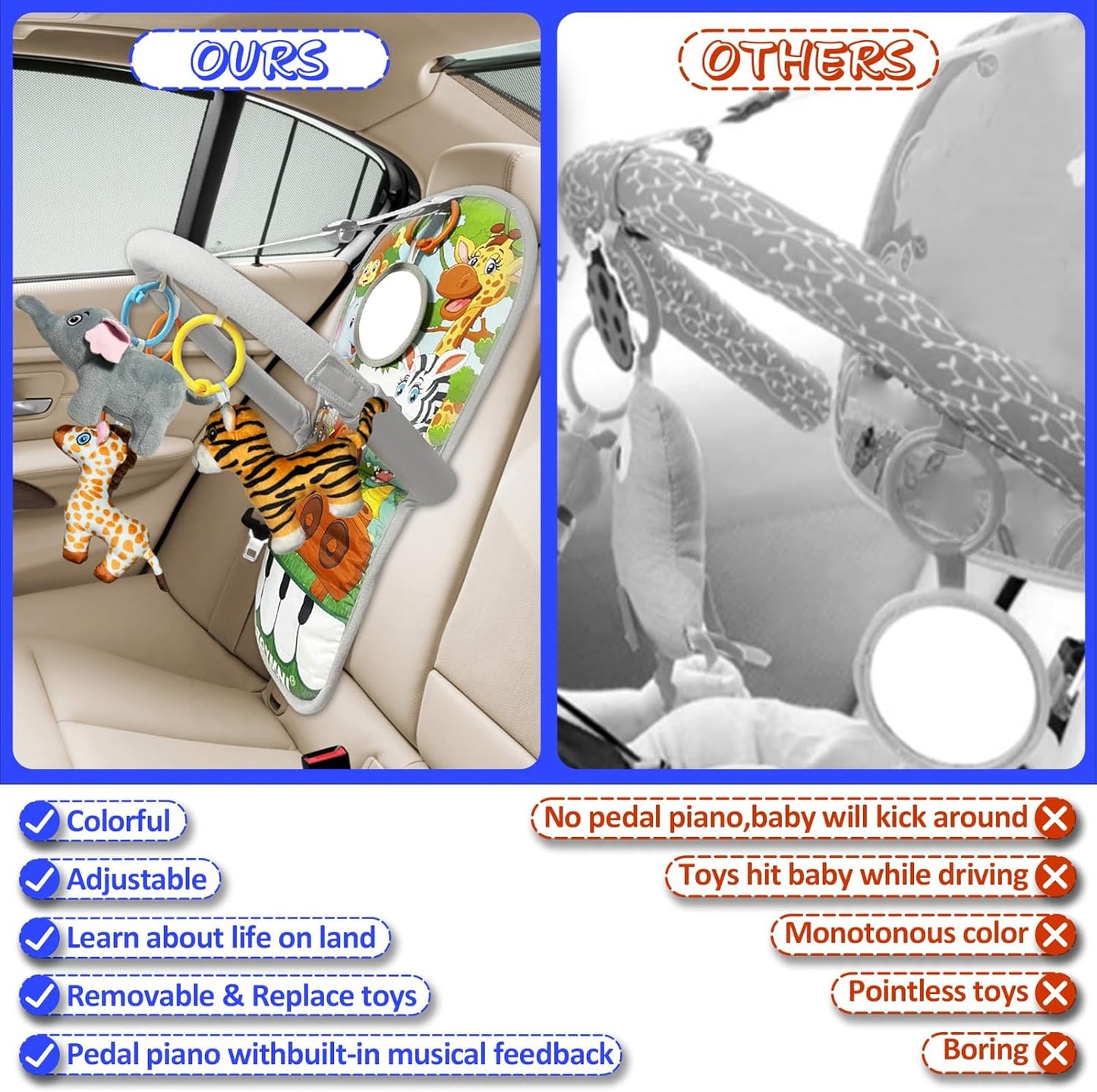 Car Seat Toys for 6-12 Months - Musical Pedal Piano with Baby Mirror, Squeaky Sensory Soft Animal Toys for Rear Facing Carseats