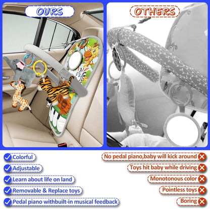 Car Seat Toys for 6-12 Months - Musical Pedal Piano with Baby Mirror, Squeaky Sensory Soft Animal Toys for Rear Facing Carseats