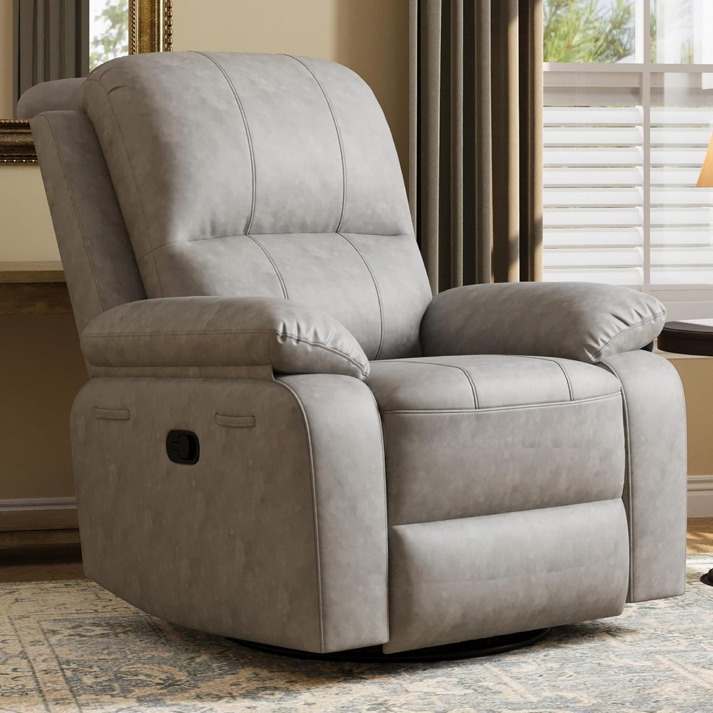 Leather Swivel Rocker Recliner Chair, Traditional Manual Chair, Upholstered Nursery Glider Rocking Recliner, Comfy Faux Leather Single Sofa with Pocket Spring for Living Room, Camel