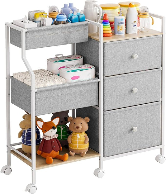 Modanais Baby Organizer and Storage - 3 Tier Rolling Cart with Dividers and Drawers, Easy To Assemble, Mobile Utility Cart with Wheels for Nursery, Bedroom, Changing Table & Crib,Light Gray