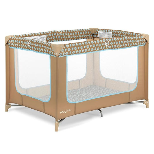 Dream On Me Zodiak Baby Playard, Breathable Mesh Sides, Soft Comfortable Mattress, Quick & Easy to Fold with Travel Carry Bag, Compact Space Saving Design - Coffee/Blue