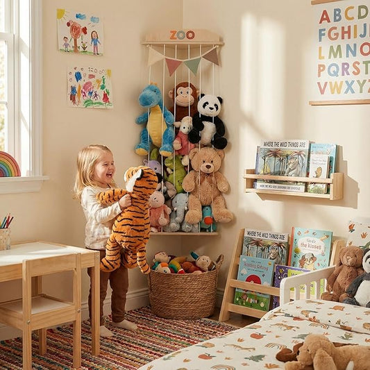 Stuffed Animal Storage Zoo with Decorative Muslin Garland - Cute Wooden Toy Storage Organizer for Kids Playroom or Nursery - Clever and Easy to Assemble Corner Wall Holder Maximizes Small Spaces