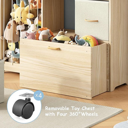 EXPERLAM Toy Organizer and Stuffed Animals Storage, All-in-One Toy Shelf with Stuffed Animal Holder, 2 Drawers, Movable Toy Chest & Top Shelf, Solid Wood Bedroom Toy Storage Organizer