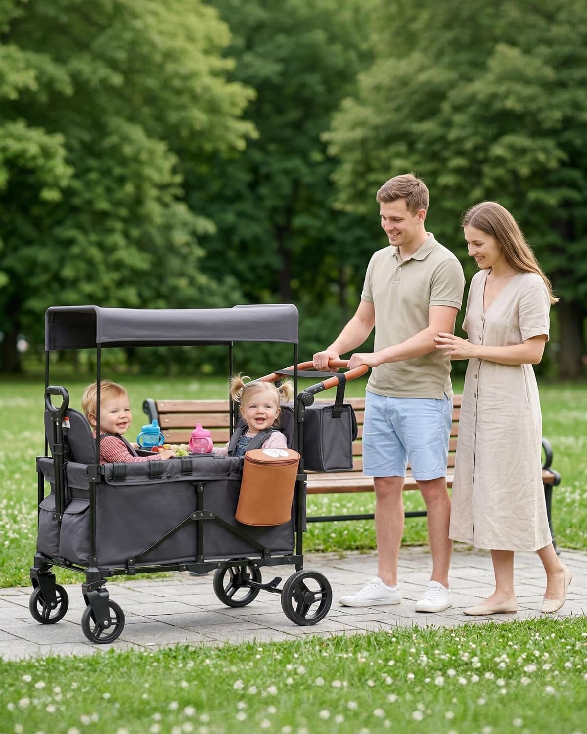 2-in-1 Wagon Stroller for Two Kids – Foldable Push & Pull All‑Terrain Wagon with Canopy, 5‑Point Harnesses, 2-in-1 Storage Bag (Converts to Shoulder Bag), Lightweight, Compact – Black