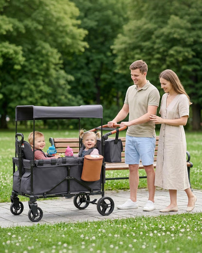 2-in-1 Wagon Stroller for Two Kids – Foldable Push & Pull All‑Terrain Wagon with Canopy, 5‑Point Harnesses, 2-in-1 Storage Bag (Converts to Shoulder Bag), Lightweight, Compact – Black