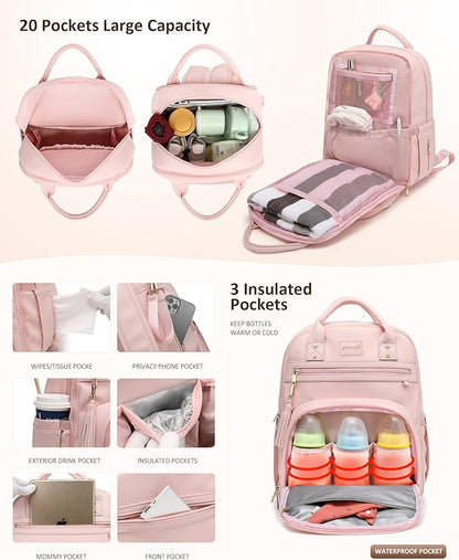 ROSEGIN Premium Vegan Leather Diaper Bag Backpack with Waterproof Changing Pad, Reinforced Zippers & Odor-Free, 20 Pockets Pro Organizer, Fits 15.6" Laptop, Stroller Straps, Baby Bag for Mom, Pink