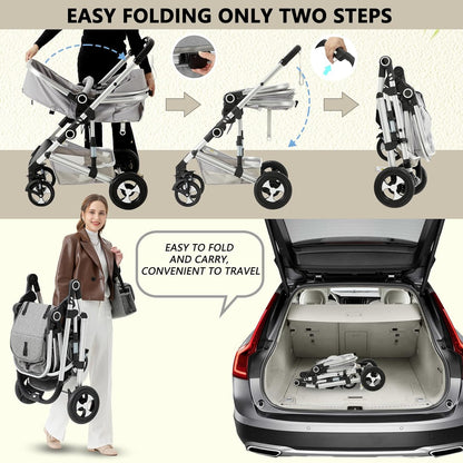 Kinder King 2 in 1 Convertible Baby Stroller, Folding High Landscape Infant Carriage, Newborn Reversible Pram, Adjustable Canopy, Diaper Bag, Pink