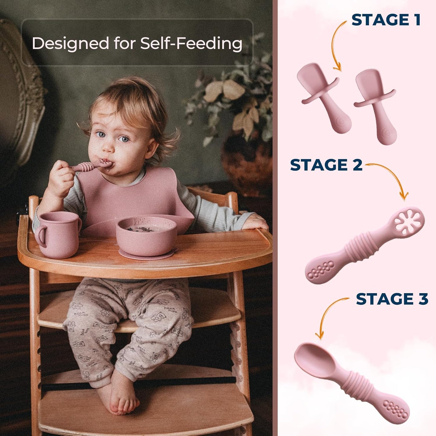BPA-Free Silicone Baby Feeding Set – Baby Utensils 6–12 Months, Suction Plate & Bowl, Cup, Bib & Training Spoons | Food Grade Silicone, Dishwasher Safe Baby Eating Set