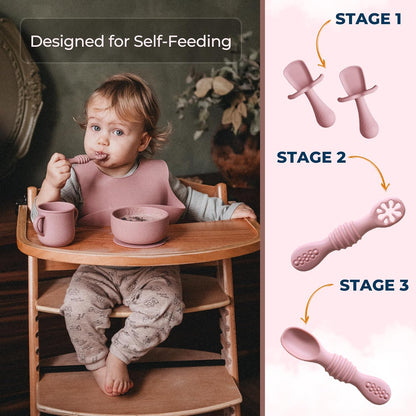 BPA-Free Silicone Baby Feeding Set – Baby Utensils 6–12 Months, Suction Plate & Bowl, Cup, Bib & Training Spoons | Food Grade Silicone, Dishwasher Safe Baby Eating Set