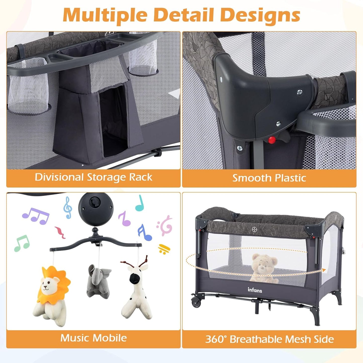 INFANS 4 in 1 Baby Bassinet, Converts Pack and Play to Portable Bedside Crib Sleeper with Diaper Changer, Mattress, Carry Bag, Music Box, Hanging Toys for Infants Toddlers (Black)