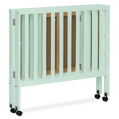 Dream On Me Jett Mini Folding Baby Crib in Mint, GreenGuard Gold & BSA, Lightweight & Portable, Patented Flat Folding System for Small Spaces & Travel, 1.5” Mattress Pad, 3 Heights, Safe Wheels