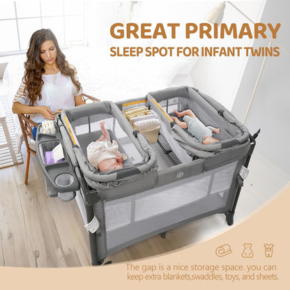 JOYMOR Twin Bassinet for Baby, Beige Bedside Bassinet, Convertible to Bedside Sleeper and Playpen, with Wheel, Brake, Foldable Side Sleeper,Beige