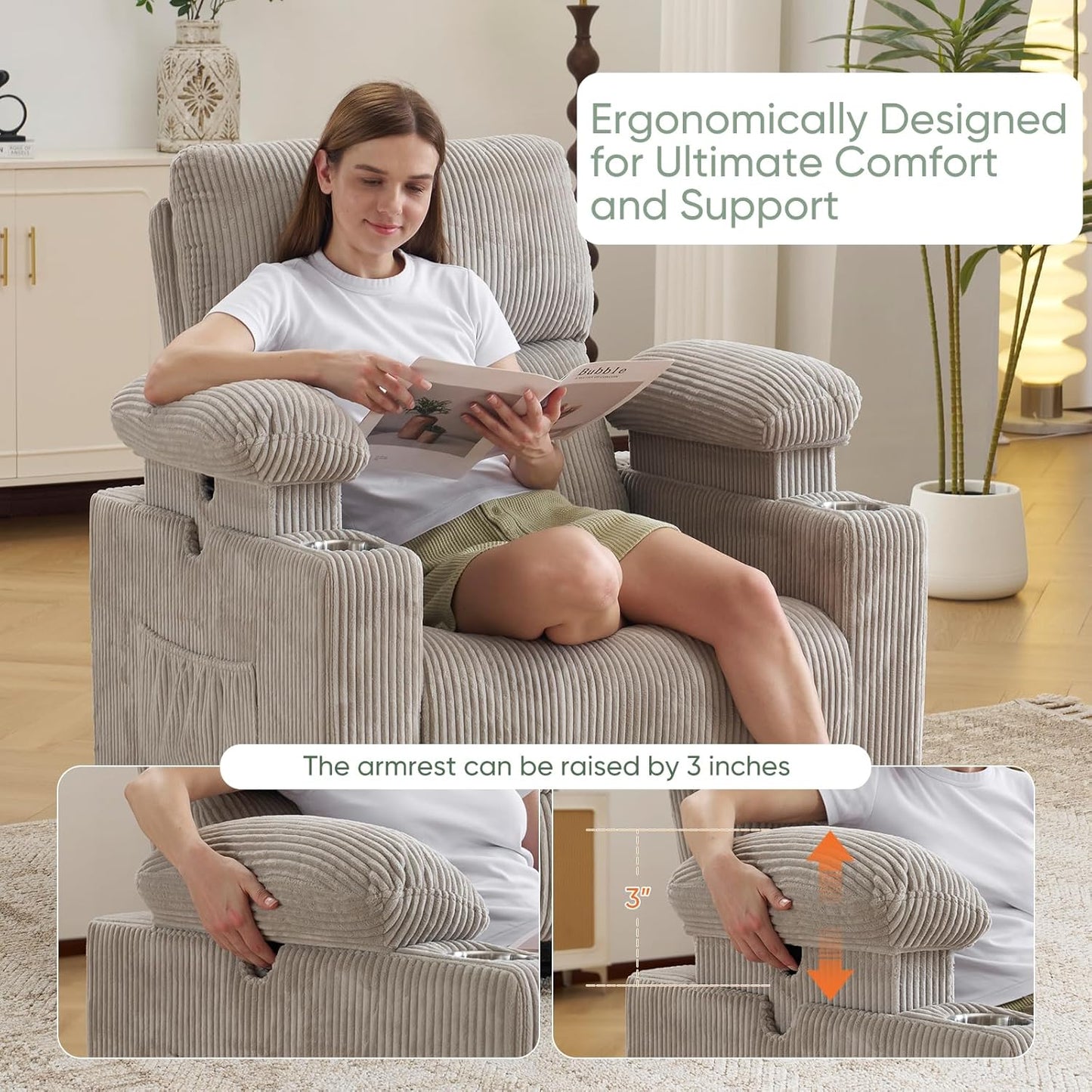 Rocking Chair Nursery with Adjustable Armrest for Breastfeeding, Glider Recliner Nursery Chair with Massage and Heat, Power Swivel Rocker Recliner with Adjustable Headrest, Corduroy, Beige
