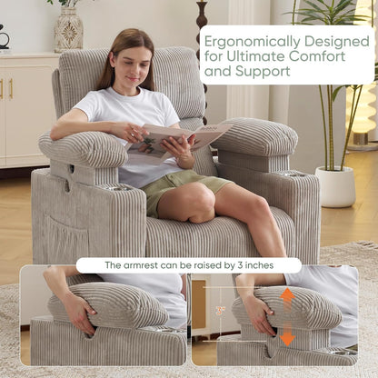 Rocking Chair Nursery with Adjustable Armrest for Breastfeeding, Glider Recliner Nursery Chair with Massage and Heat, Power Swivel Rocker Recliner with Adjustable Headrest, Corduroy, Beige