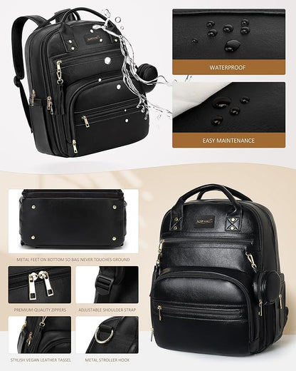 ROSEGIN Premium Vegan Leather Diaper Bag Backpack with Waterproof Changing Pad, Reinforced Zippers & Odor-Free, 20 Pockets Pro Organizer, Fits 15.6" Laptop, Stroller Straps, Baby Bag for Mom, Black