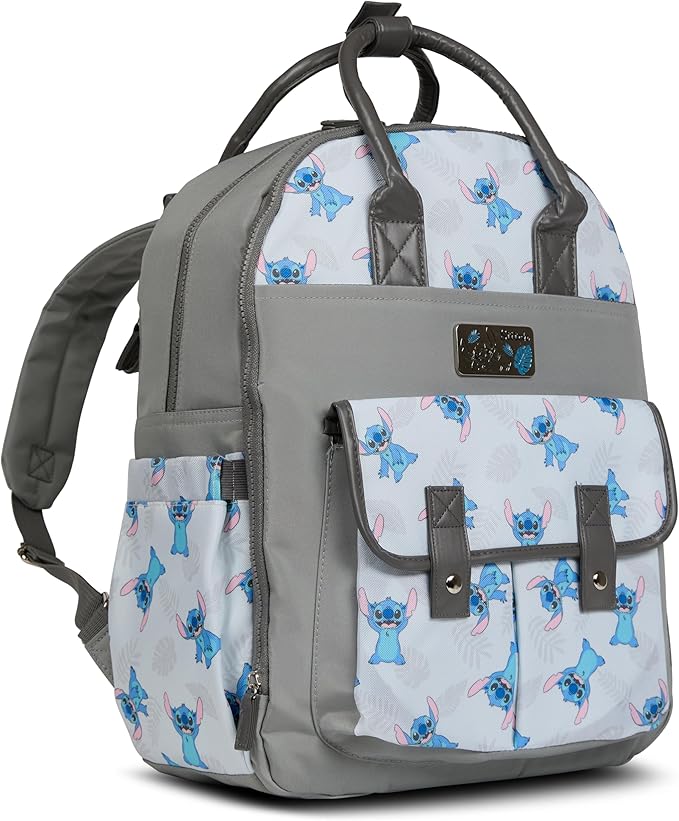 Disney Diaper Bag Backpack with Changing Pad Stich – 16” Nylon Baby Bag for Parents, Insulated Bottle Holders, Multiple Storage Pockets