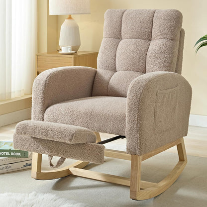 NIOIIKIT Modern Nursery Rocking Chair, Teddy Upholstered Rocking Chair with Footrest, Comfortable Rocker Recliner with Side Pocket, Rocker Glider for Living Room, Bedroom, Nursing Room (Apricot)