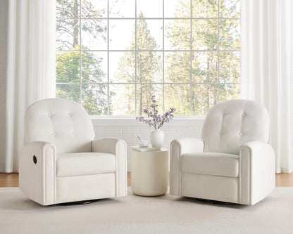 VANOMi 360 Swivel Rocker Recliner Chair, Nursery Rocking Chair with Tufted Backrest, Manual Recliner Chairs for Small Spaces, Upholstered Glider Nursing Chair for Living Room, Bedroom (White)