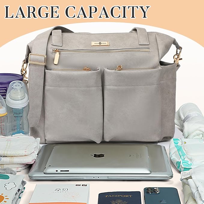 miss fong Diaper Bag Tote Baby Bag Leather Diaper Backpack Large Diaper Tote Bag for girls & boys Diaper Bag Purse with 11 Pockets,Changing Pad, Stroller Straps,4 Insulated Pockets