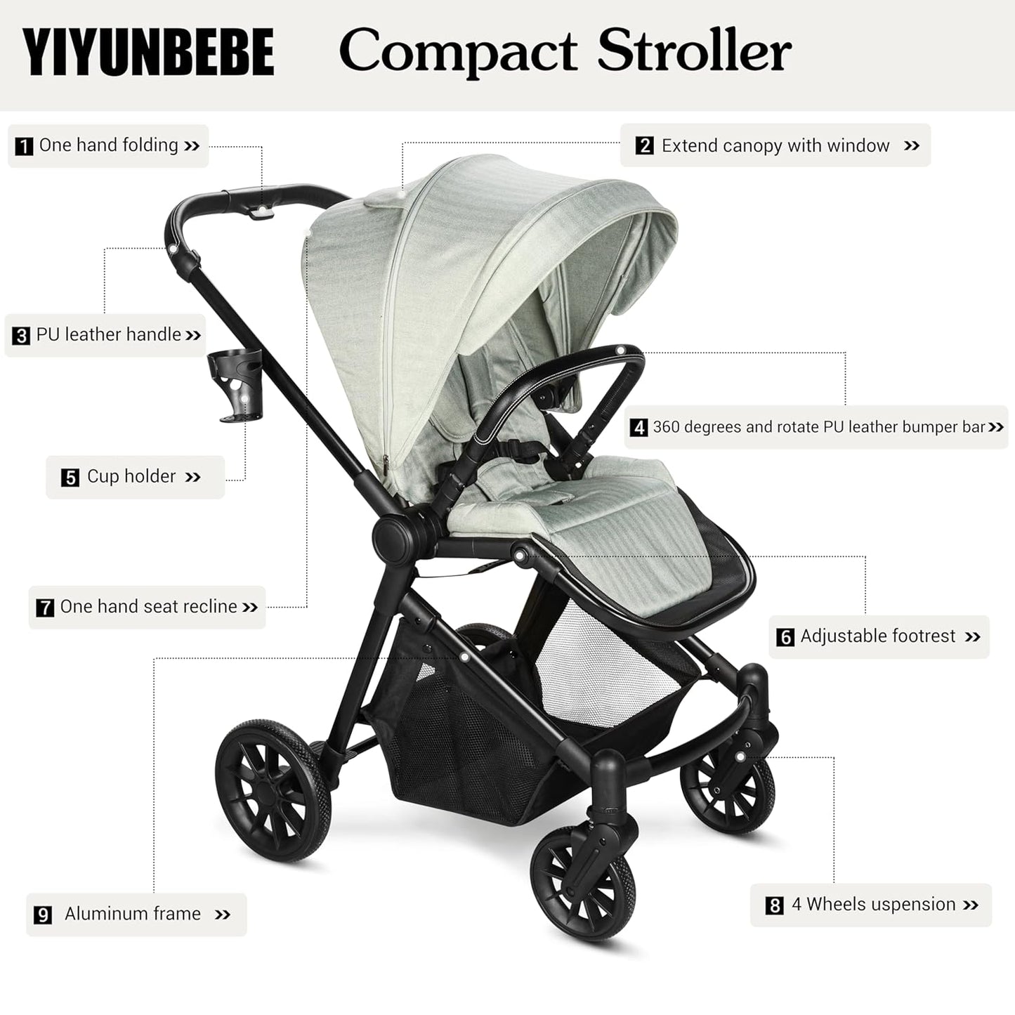 Lightweight High-View Baby Stroller, One-Hand Fold & Compact Storage, Convertible Seat, 5-Point Safety Harness, Foldable Infant Stroller, Grey