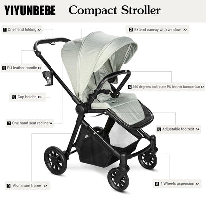 Lightweight High-View Baby Stroller, One-Hand Fold & Compact Storage, Convertible Seat, 5-Point Safety Harness, Foldable Infant Stroller, Grey