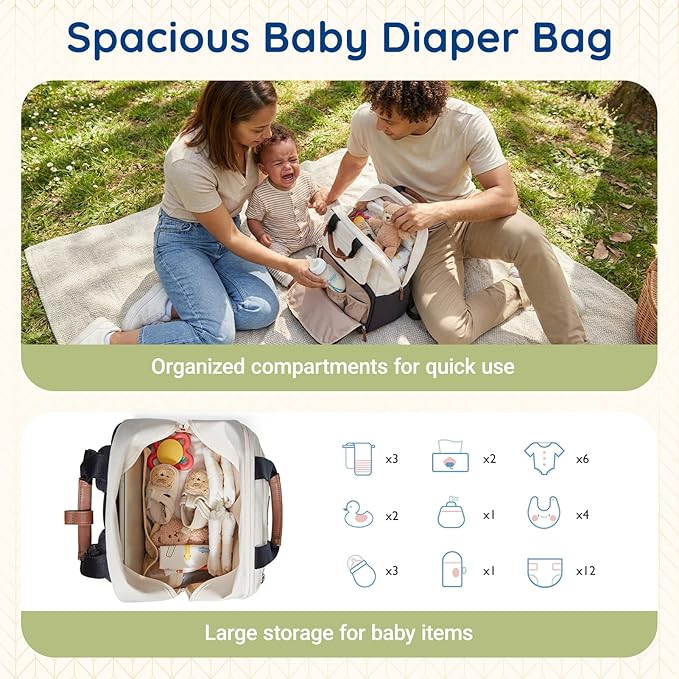 mommore Diaper Bag Backpack, Multi-pocket Large Diaper Bag Travel Backpack for Mom Dad, Quick Access Baby Bag with Insulated Pockets, Changing Pad, Stroller Straps