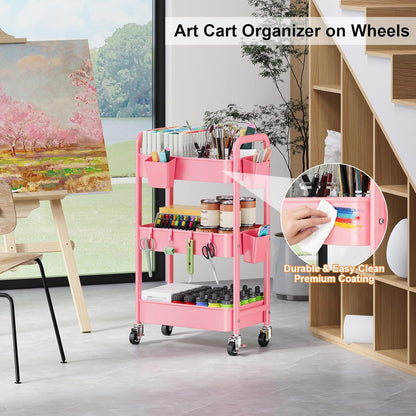 Beige 3 Tier Rolling Cart Metal on Wheels, Three Tiered Storage Organizer Utility Trolley with Wheels for Art, Craft, Baby Diaper Caddy, Snack, Book, Nail, Lash, Cleaning Supplies, Kitchen, Bathroom