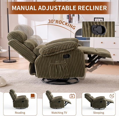 Adult 360° Rocking Recliner Chair，Nursery Rocker Reclining Chair with Side Pocket, a Comfy upholstered Single Sofa Armchair. Suitable for Living Room, Bedroom Nursing use, Velvet Fabric in Beige