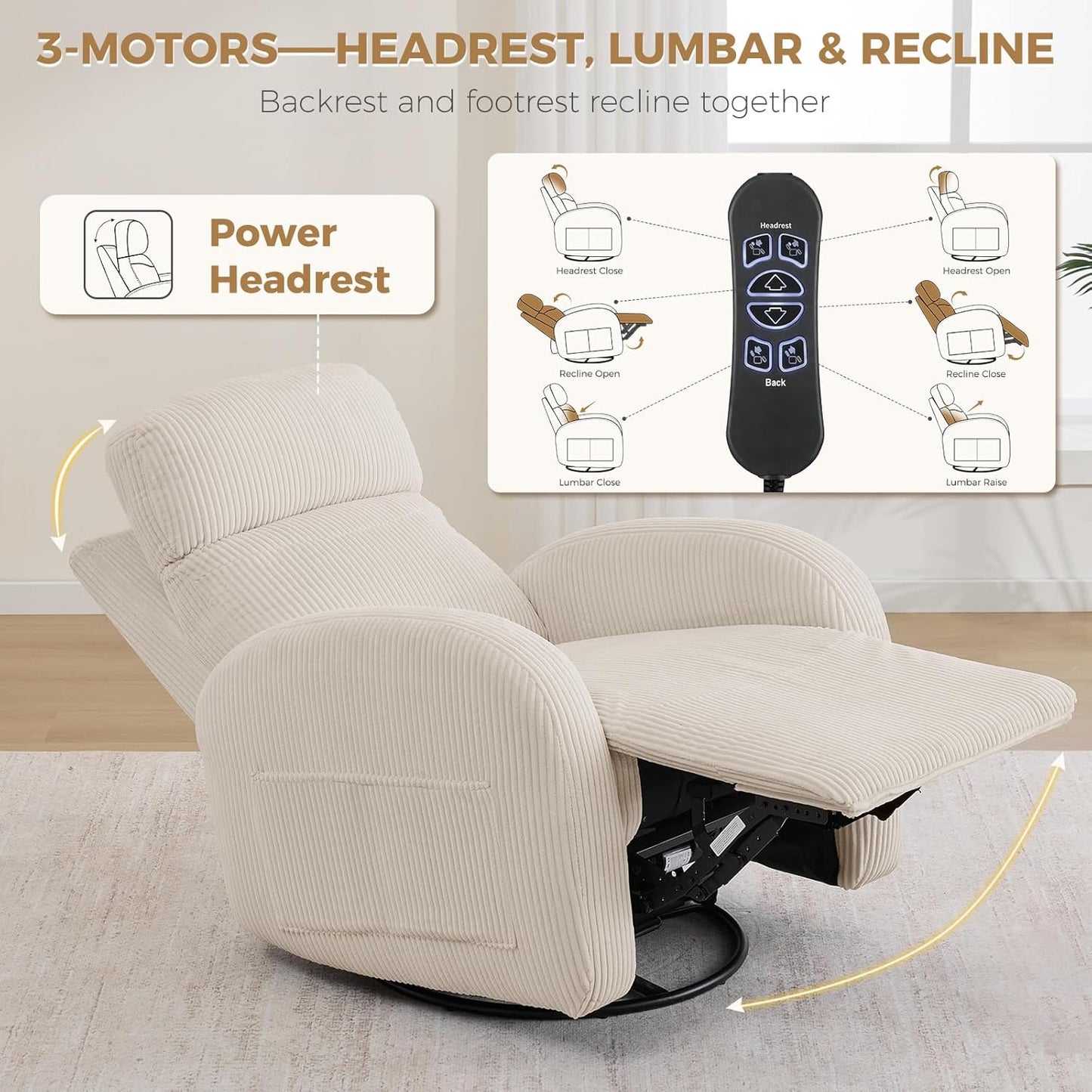 Nursery Glider Recliner, Power Swivel Rocking Recliner with USB & Type-C Port, Swivel Nursering Reclining Rocker with Double Pockets for Living Room, Camel Chenille