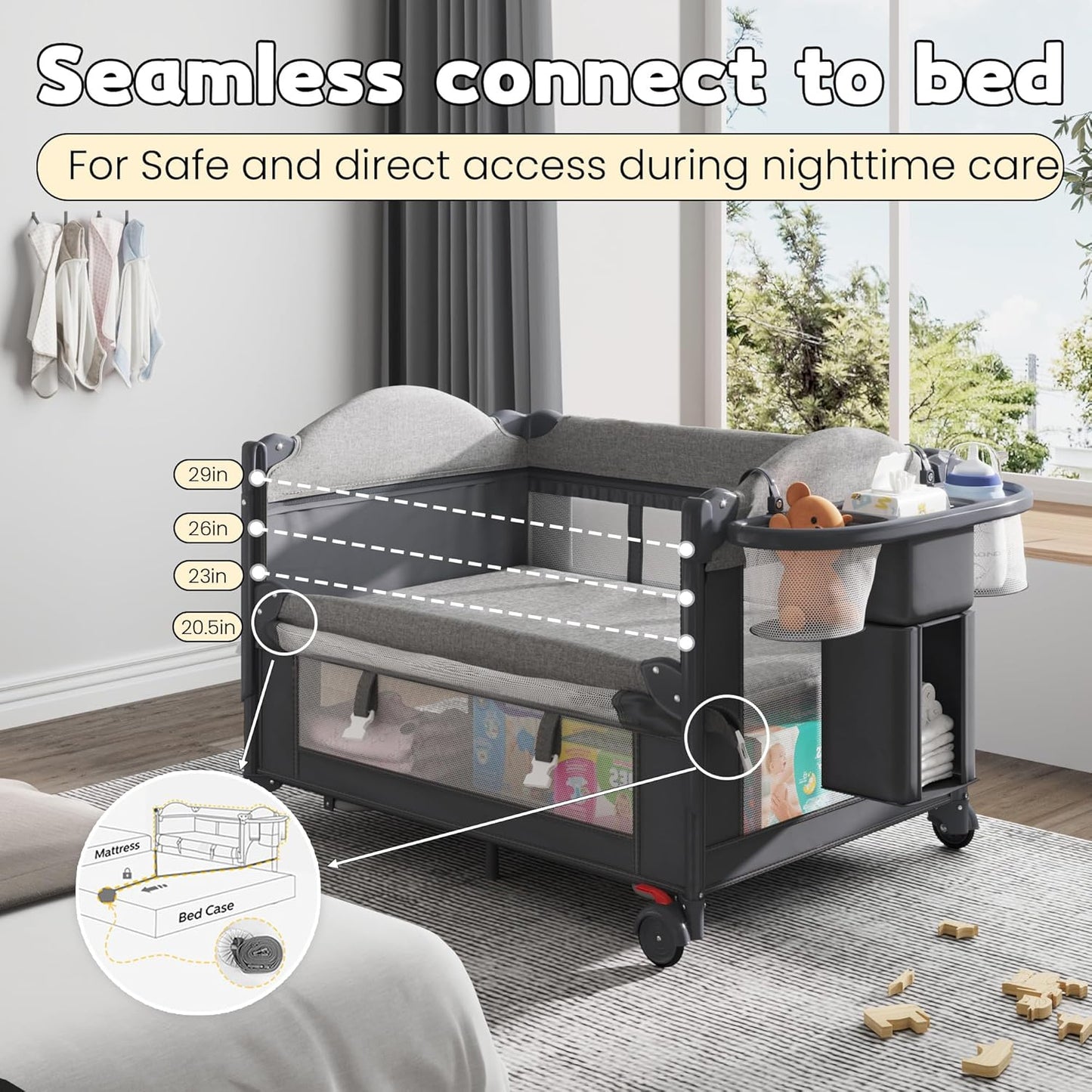 5-in-1 Baby Bassinet Bedside Sleeper with Swing Tube Converts to Cradle, Baby Crib with Mattress, Detachable Diaper Changer, Mosquito Net and Toy - Black