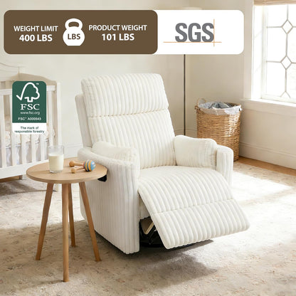 Oversized Swivel Rocking Chair, Manual Large Rocker Recliner Chairs for Adults, Corduroy Nursery Glider Barrel Chair with 2 Pillows, Wide Recliner for Living Room, Bedroom, Nursery, White