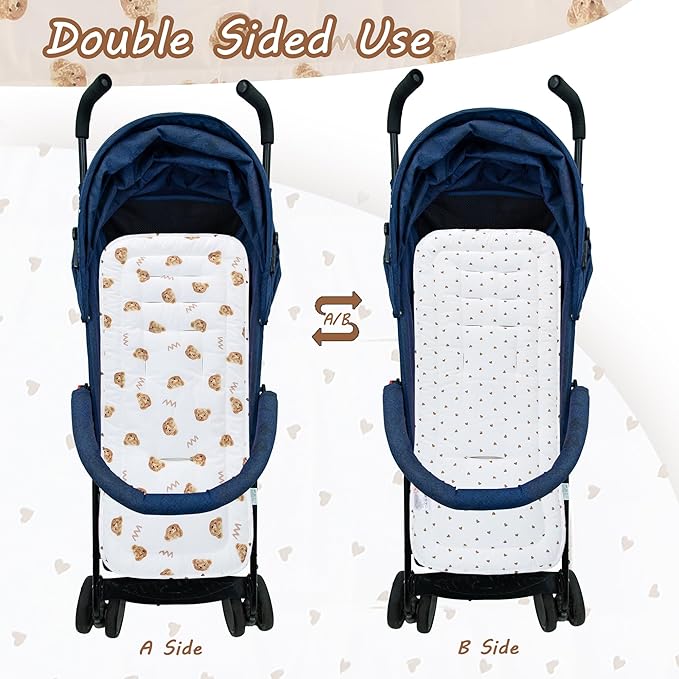 Baby Stroller Cushion,Infant Car Seat Insert-Reversible Universal Breathable and Soft Newborn Stroller Mat,100% Cotton Cover Toddler Seat Pad Liner-34x78cm,1 Pack(Bears)