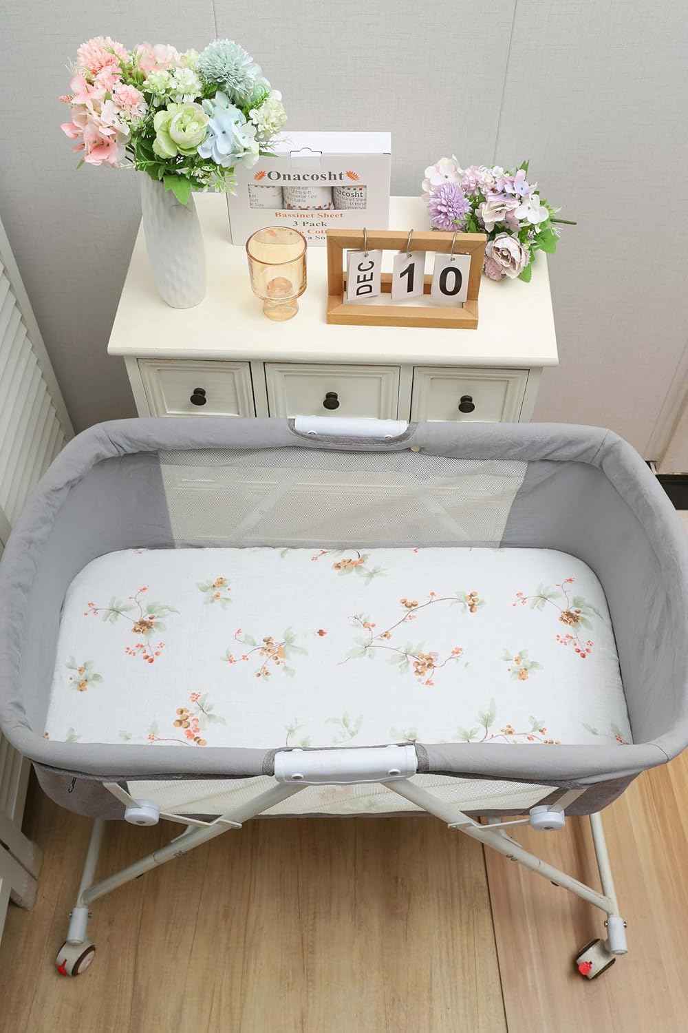 Onacosht Muslin Bassinet Sheets 3 Pack, 100% Cotton Baby Fitted Sheet 33" x 19" Compatible with Mika Micky, KoolaBaby (3 in 1), BabyBond, HARPPA and RICUTON Bedside Bassinet, Green, Floral and Cactus