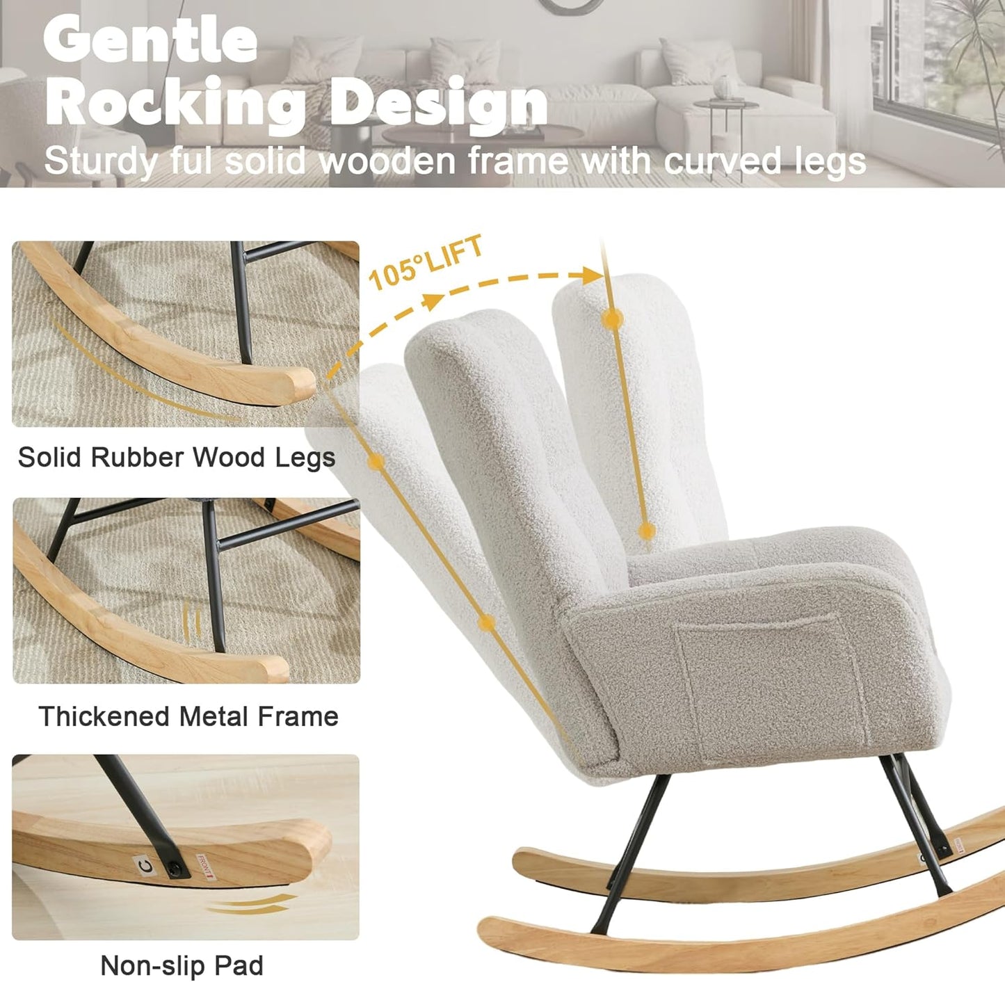 Nursery Rocking Chair Teddy Upholstered Glider Rocker Rocker Accent Chair with High Backrest Armchair Comfy Side Pocket Modern Rocking Accent Chairs for Living Room, Nursery, Office-Green
