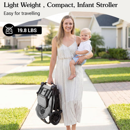 Lightweight High-View Baby Stroller, One-Hand Fold & Compact Storage, Convertible Seat, 5-Point Safety Harness, Foldable Infant Stroller, Grey