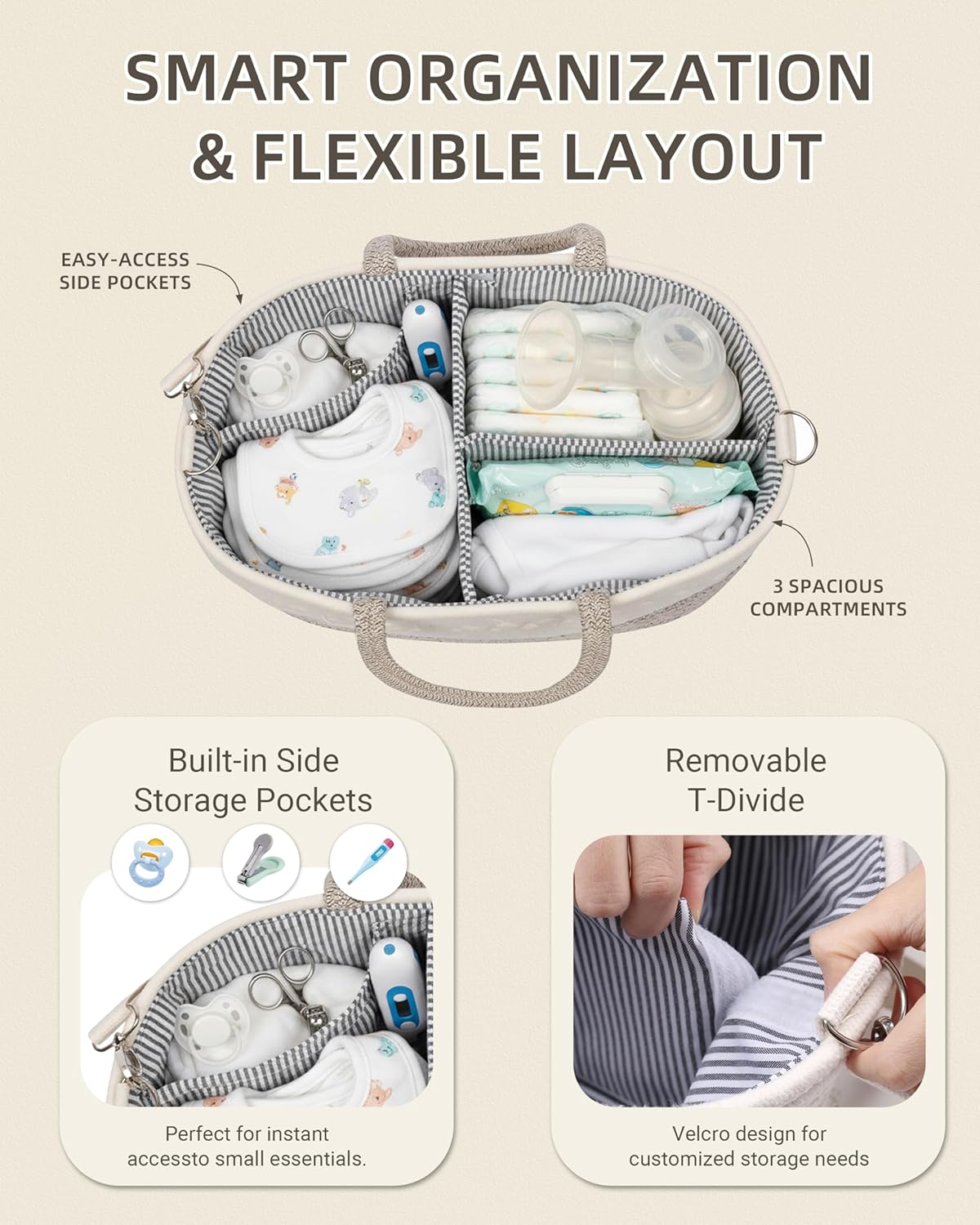 Baby Diaper Caddy Organizer With Handle, Cotton Rope Baby Shower Basket, Large Diaper Caddy with Shoulder Straps for Newborn Parents, Home and Car Travel, 14.5"x8.5"x7.5