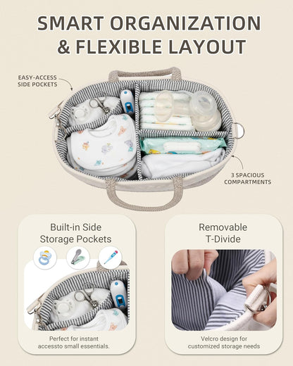 Baby Diaper Caddy Organizer With Handle, Cotton Rope Baby Shower Basket, Large Diaper Caddy with Shoulder Straps for Newborn Parents, Home and Car Travel, 14.5"x8.5"x7.5