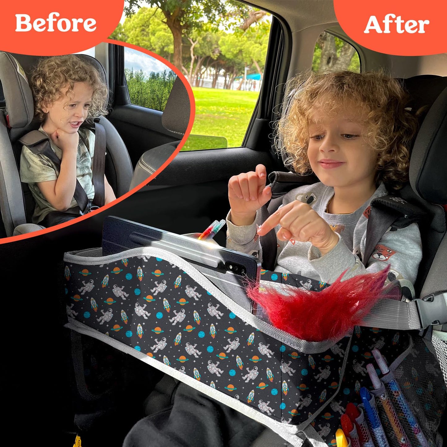 PILLANI Kids Travel Tray for Car Seat - Carseat Tray w/ iPad Holder & Dry Erase Board, Road Trip Activities - Toddler Lap Desk Organizer for Airplane - Roadtrip & Travel Essentials - Pack of 2, Pink