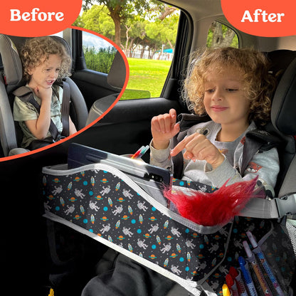 PILLANI Kids Travel Tray for Car Seat - Carseat Tray w/ iPad Holder & Dry Erase Board, Road Trip Activities - Toddler Lap Desk Organizer for Airplane - Roadtrip & Travel Essentials - Pack of 2, Pink