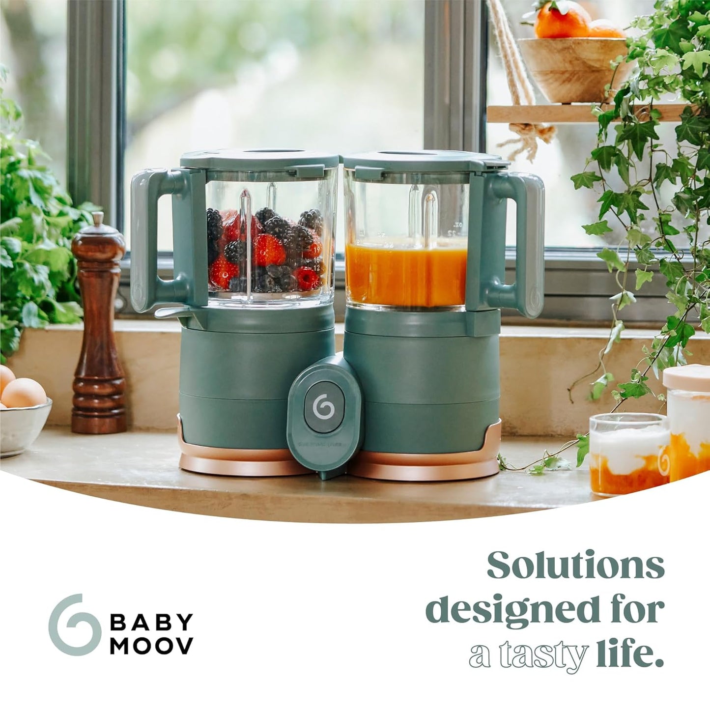 Babymoov Duo Meal Glass Food Maker - Baby Food Processor with Built-in Glass Steamer, Stainless Steel Basket, and Glass Blender (Over 6 Cup Capacity), Dark green