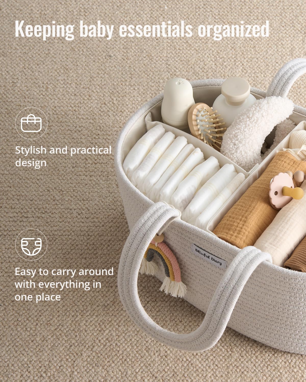 Blissful Diary Baby Diaper Caddy Organizer, Cotton Rope Diaper Caddy Basket, Large Storage Basket for Newborn Boys and Girls, Gift for Baby Shower List, Newborn Essentials, Earthy Rainbow