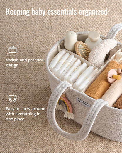 Blissful Diary Baby Diaper Caddy Organizer, Cotton Rope Diaper Caddy Basket, Large Storage Basket for Newborn Boys and Girls, Gift for Baby Shower List, Newborn Essentials, Earthy Rainbow